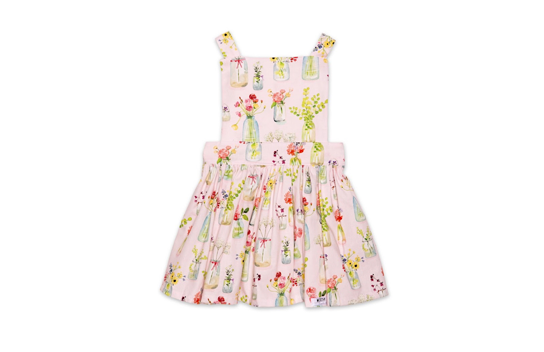 Girls Pinafore Dress In Pink Plants