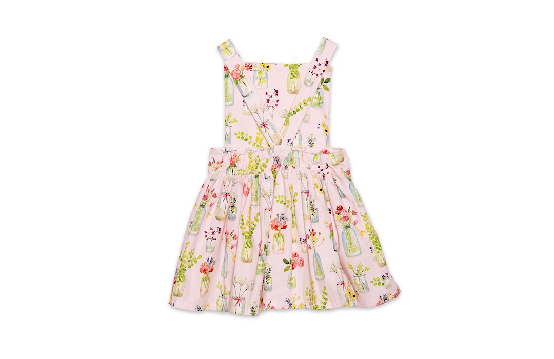 Girls Pinafore Dress In Pink Plants