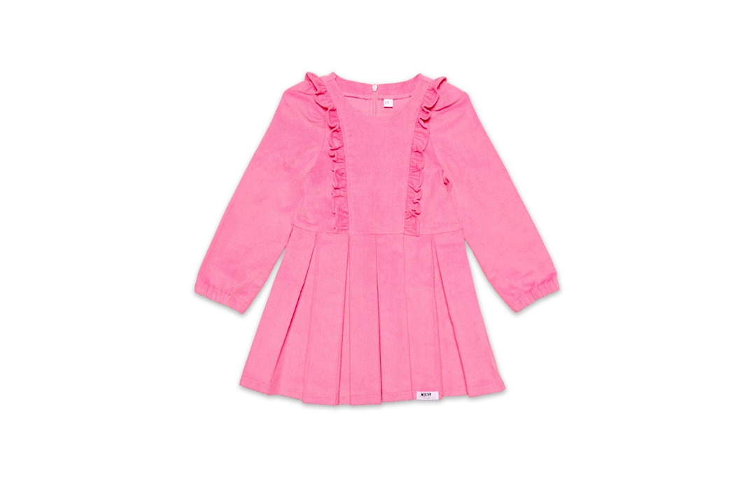 Long Sleeve Ruffle Dress In Pink Corduroy