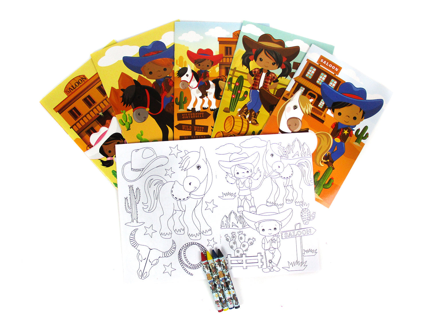 Western Black Cowboy Cowgirl Coloring Books With Crayons Party Favors - Set Of 6 Or 12