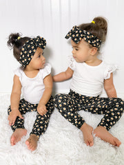 Dainty Floral Black Ribbed Leggings