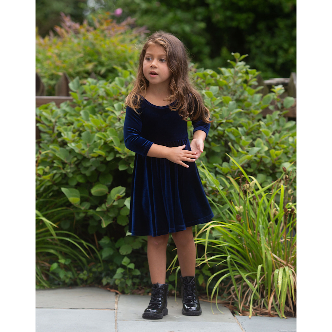 Twirly Dress In Navy Stretch Velvet