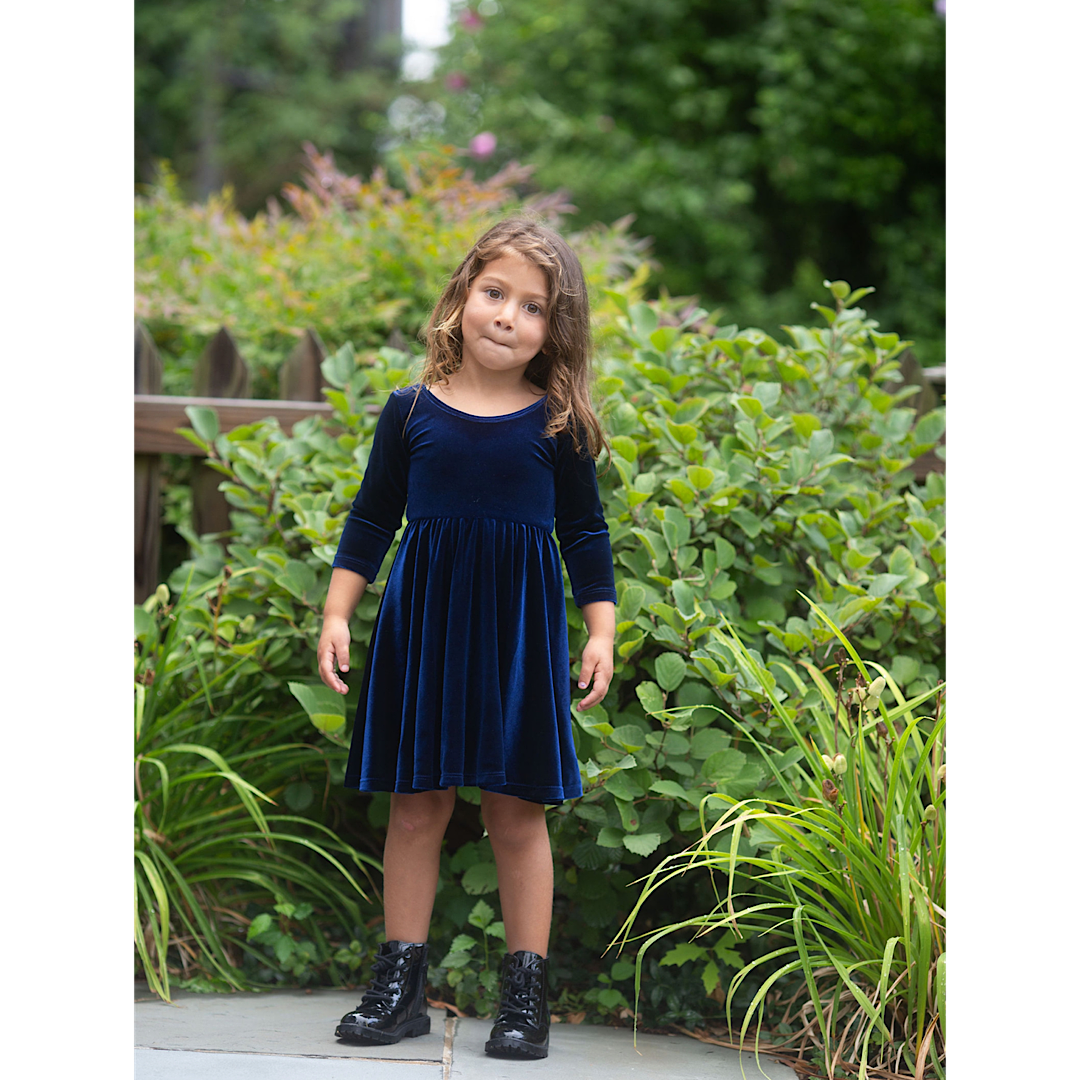 Twirly Dress In Navy Stretch Velvet