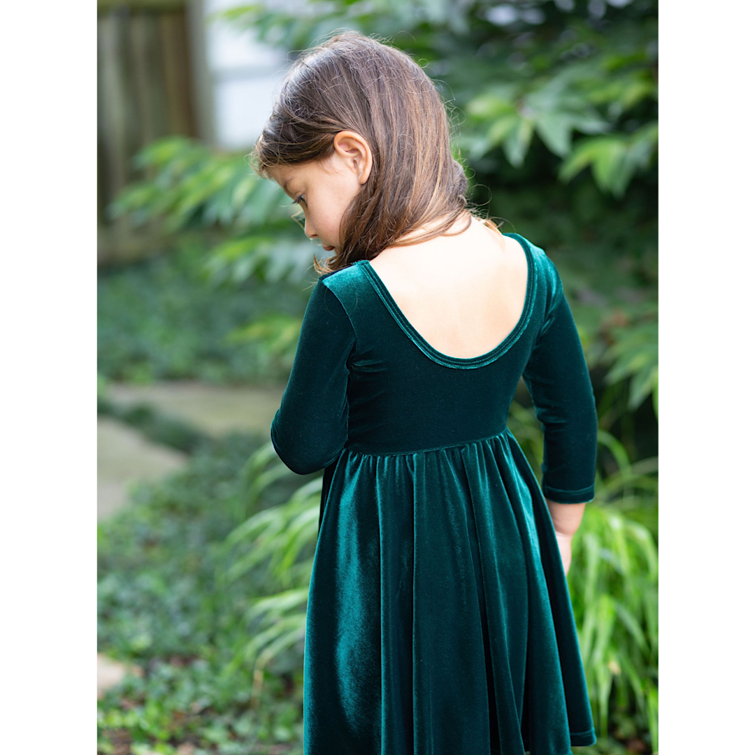 Holiday Twirly Dress In Emerald Velvet