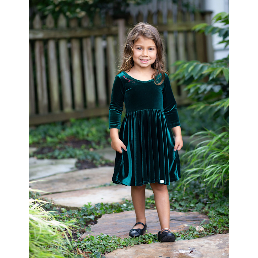 Holiday Twirly Dress In Emerald Velvet