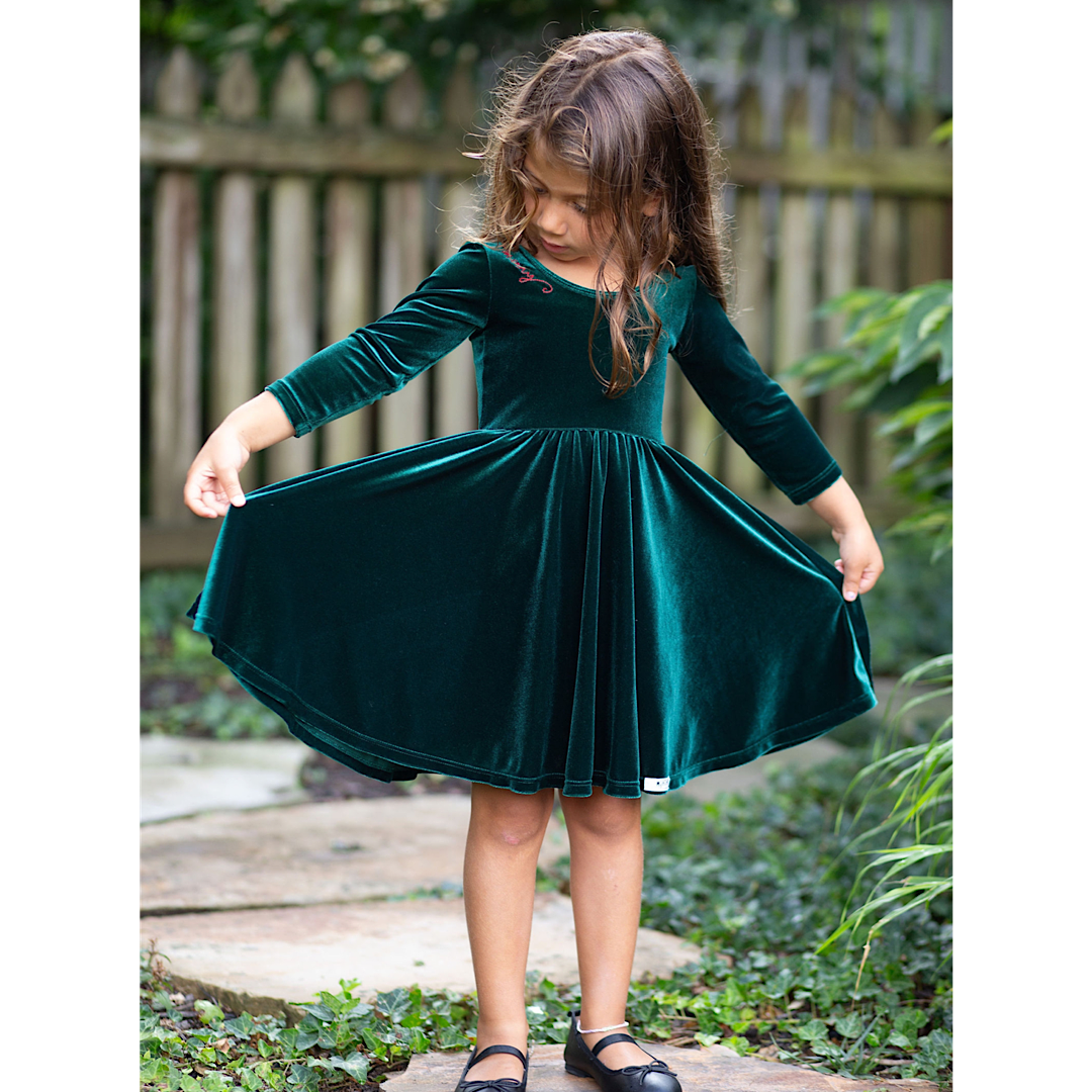 Holiday Twirly Dress In Emerald Velvet