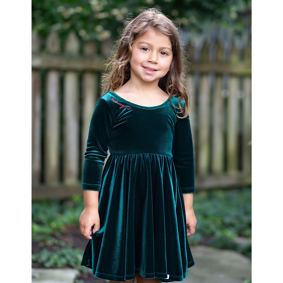 Holiday Twirly Dress In Emerald Velvet