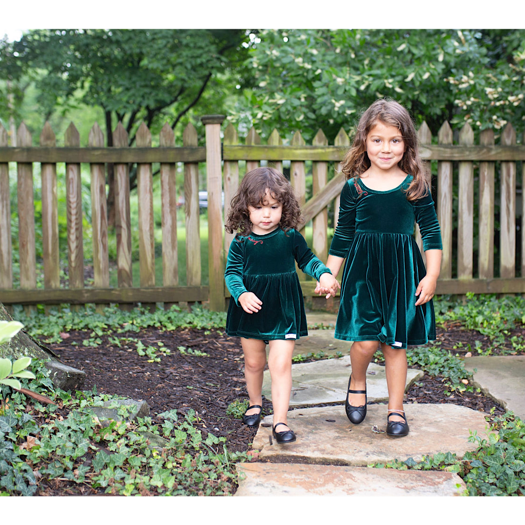 Holiday Twirly Dress In Emerald Velvet