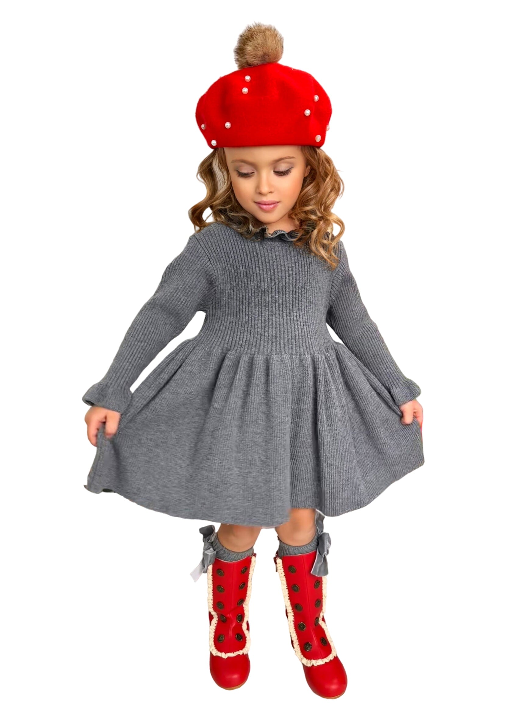 Cozy Holiday Grey Ruffle Knit Sweater Dress