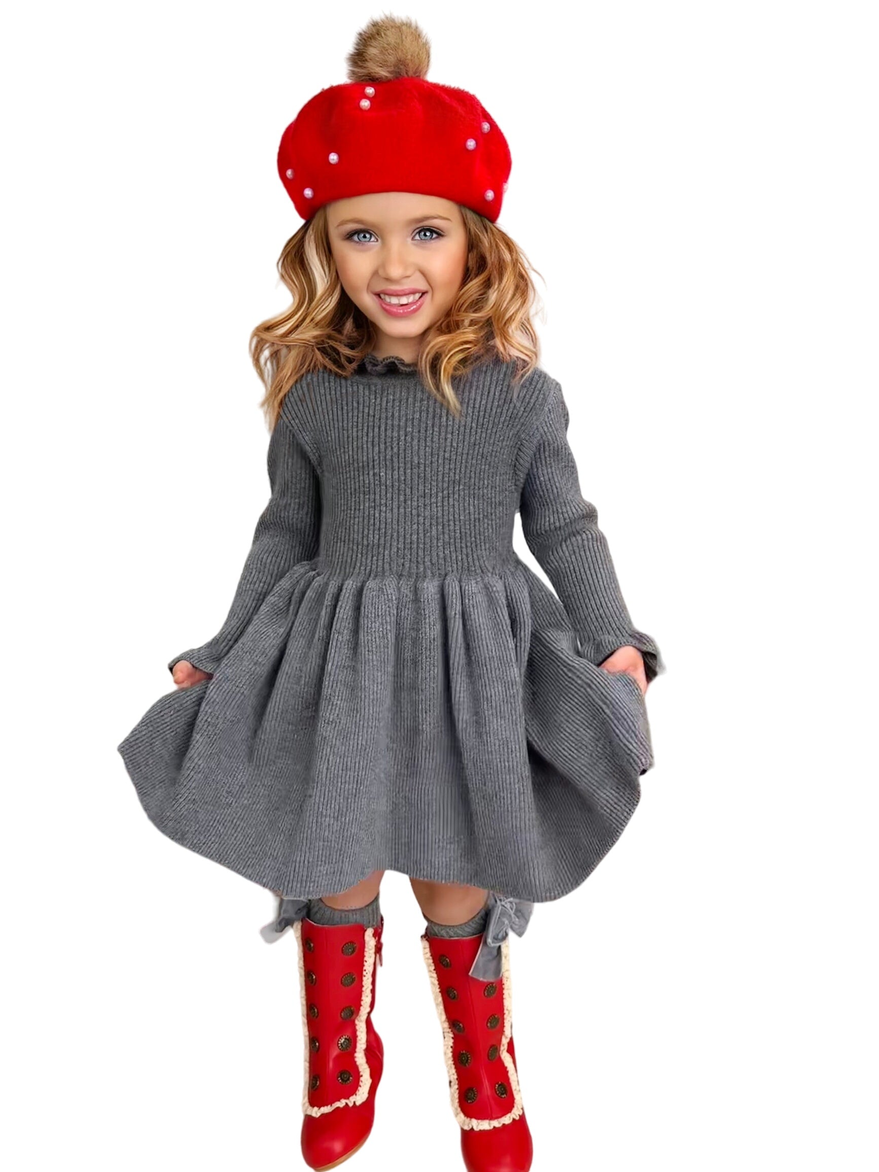 Cozy Holiday Grey Ruffle Knit Sweater Dress