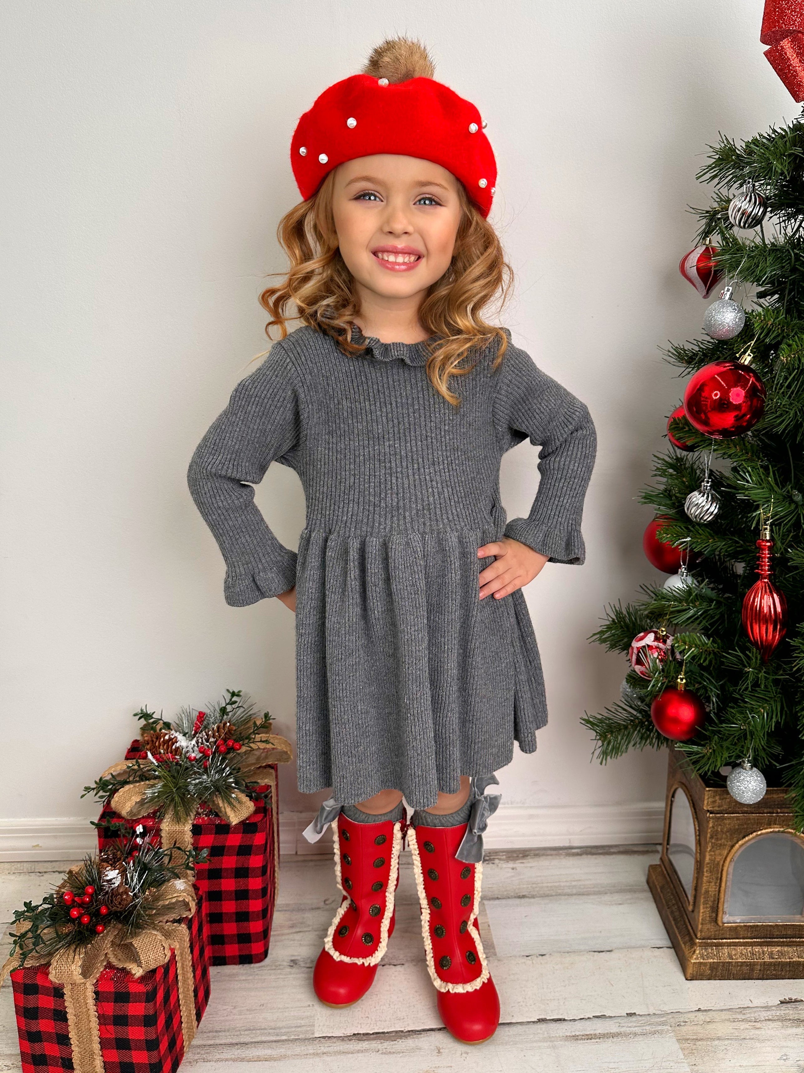 Cozy Holiday Grey Ruffle Knit Sweater Dress