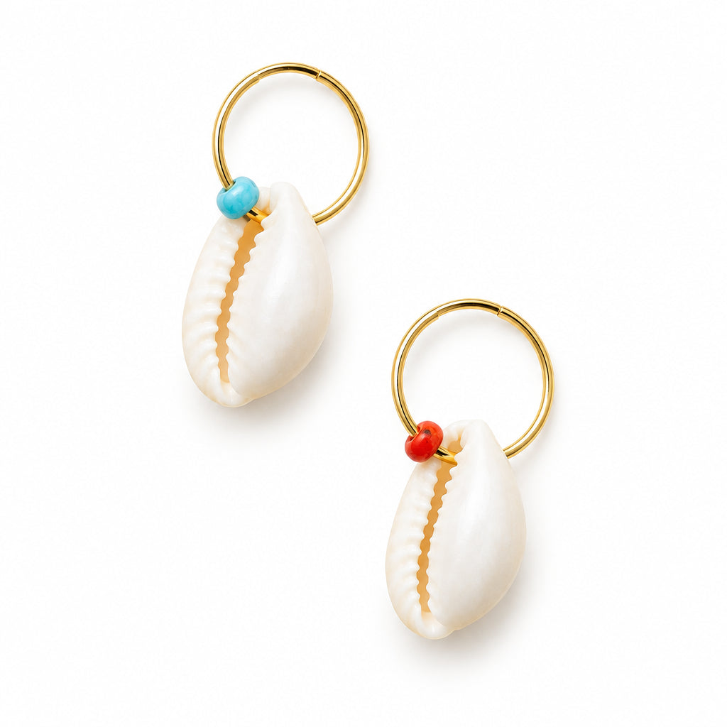 Beaded Cowrie Shell Hoops