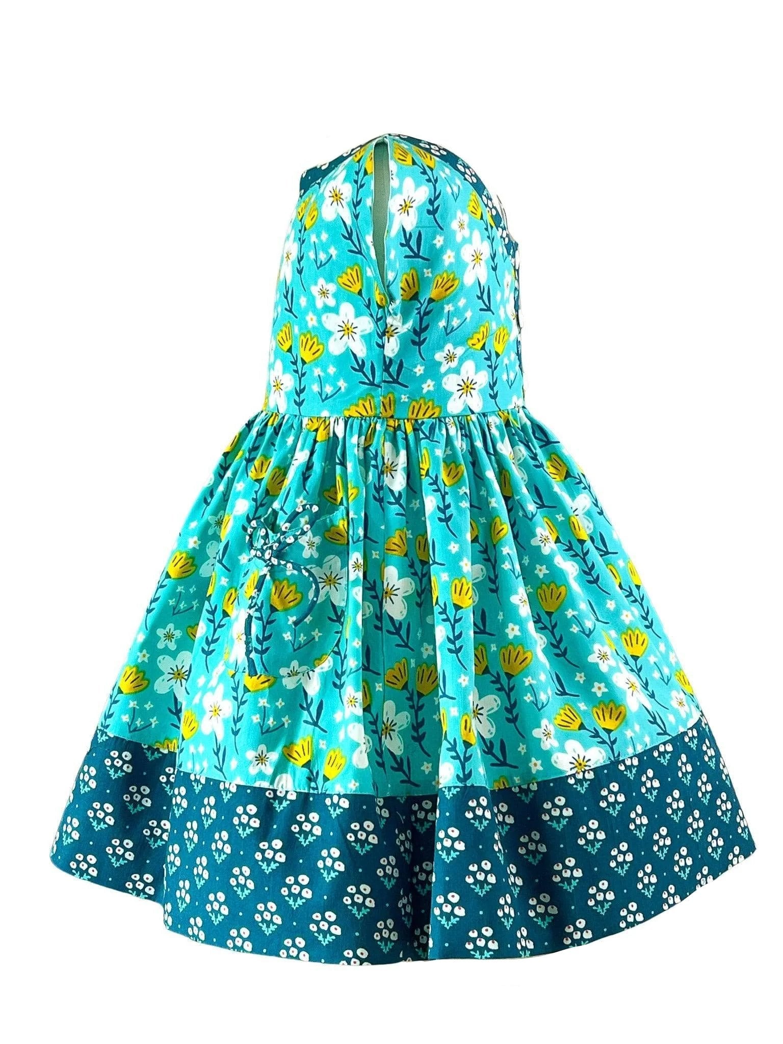 Vintage Teal Garden Picnic Dress W/ Hairbow