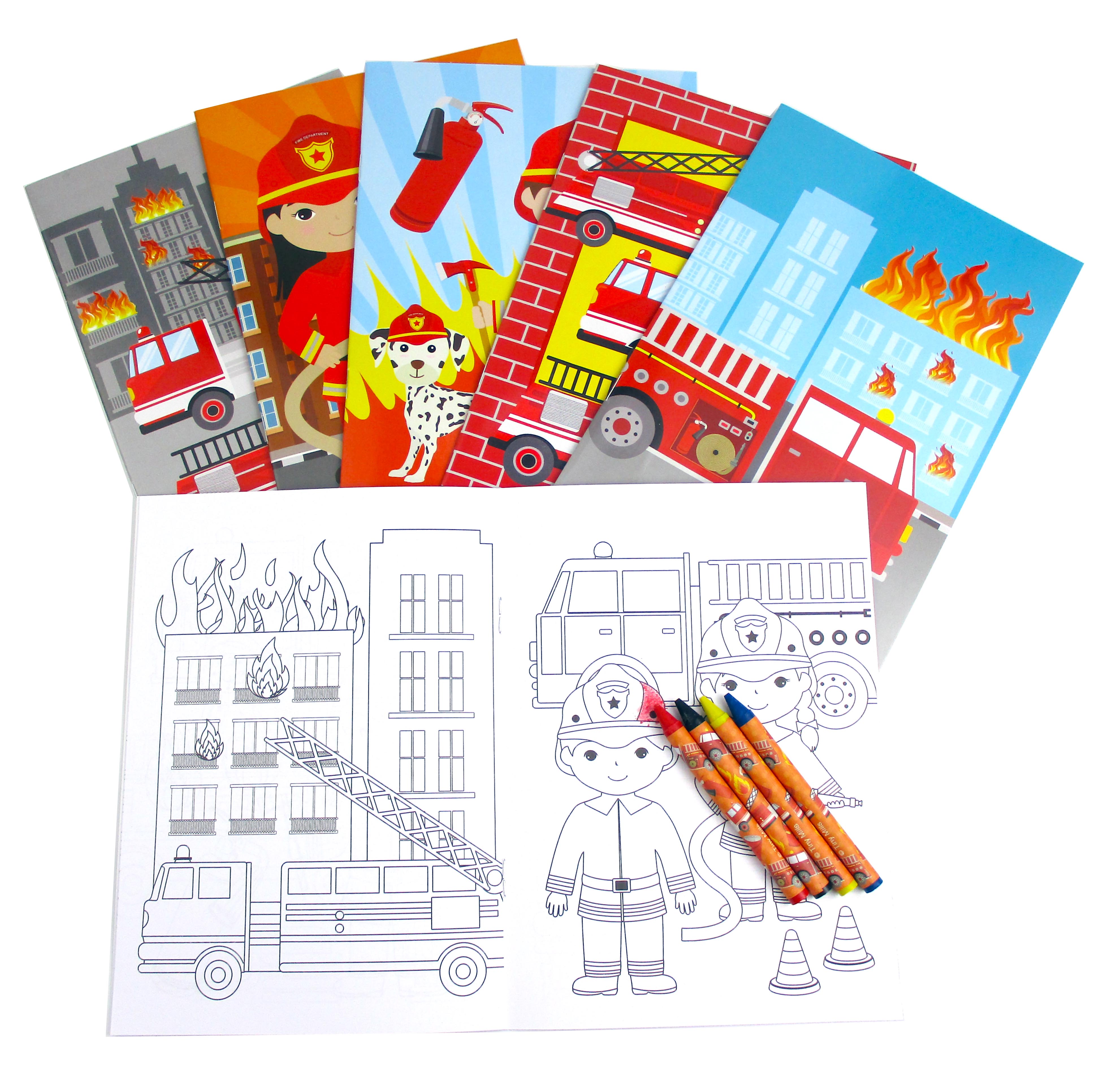 Fire Trucks Coloring Books With Crayons Party Favors- Set Of 6 Or 12