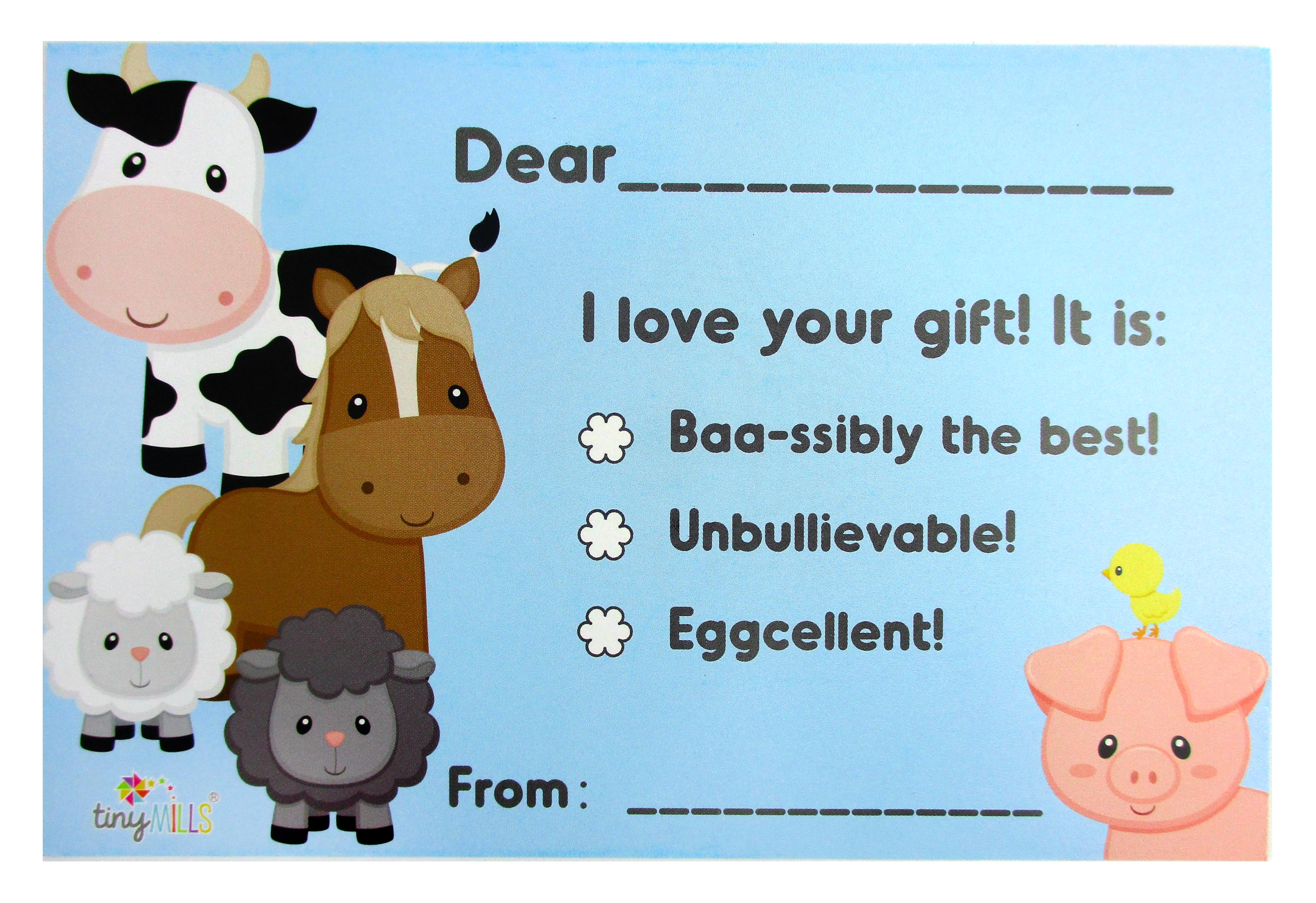 Farm Animals Fill-in Birthday Thank You Cards For Kids