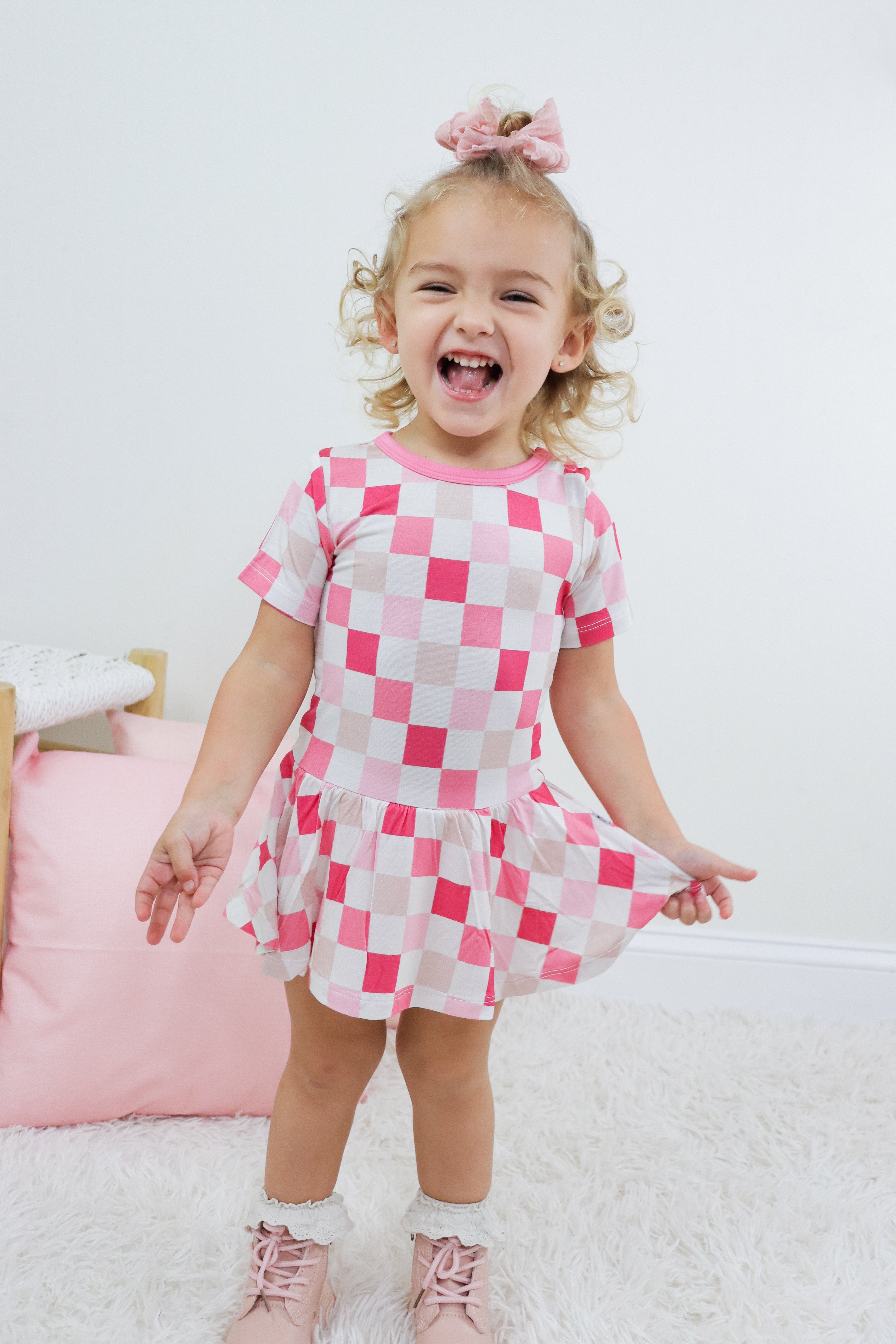 Dreamy Pink Checkers Dream Bodysuit Dress