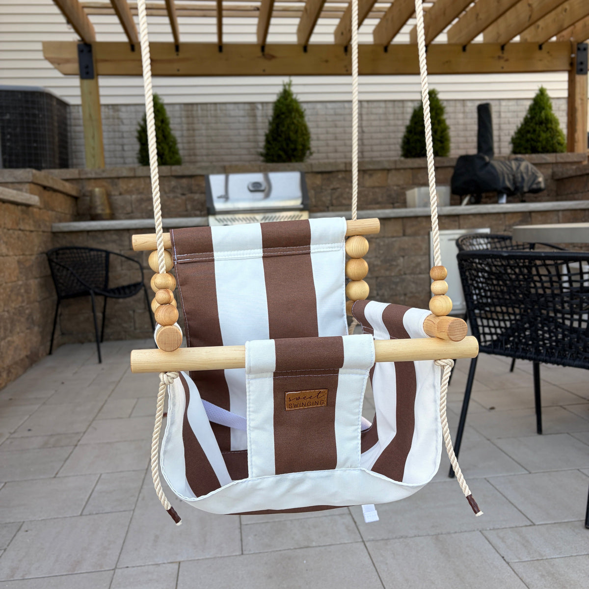 Outdoor High Back Baby & Toddler Swing-wide Brown & White Stripe