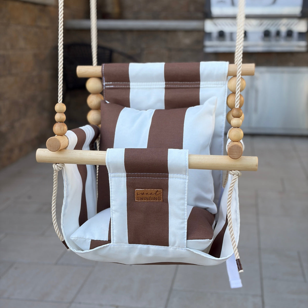 Outdoor High Back Baby & Toddler Swing-wide Brown & White Stripe