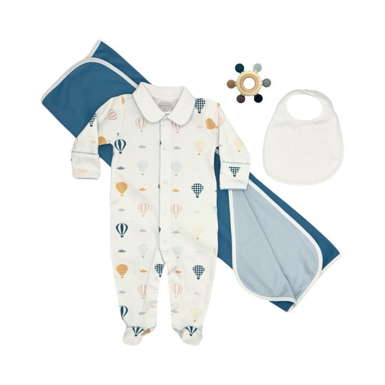 100% Pima Cotton Boys Collared Footie Set: Up, Up & Away Footie W/blue Picot Trim, Reversible Blue Blanket And Bib, Teether