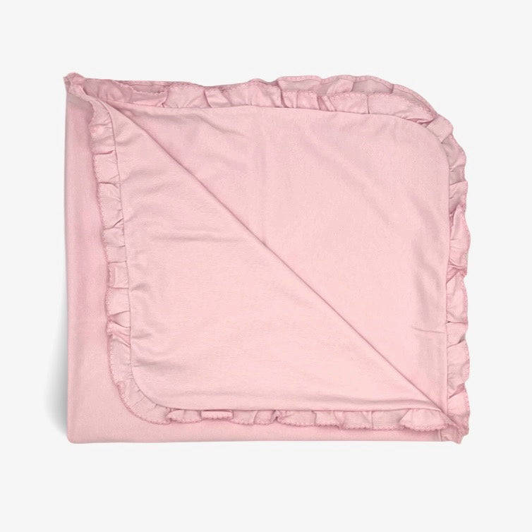 100% Pima Cotton Pink Ruffle Blanket With Pink Picot Trim
