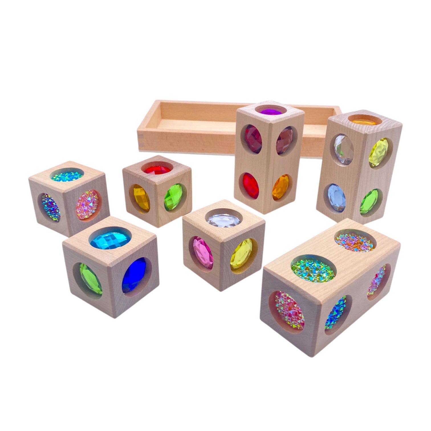 Pastel & Rainbow Gem Block Collection – 3 Styles With Wooden Storage Trays