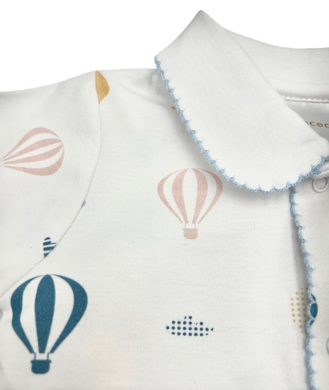 100% Pima Cotton Boys Collared Footie With Blue Picot Trim: Up, Up & Away