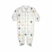 100% Pima Cotton Boys Collared Footie With Blue Picot Trim: Up, Up & Away