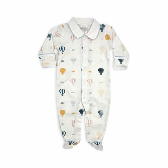 100% Pima Cotton Boys Collared Footie With Blue Picot Trim: Up, Up & Away
