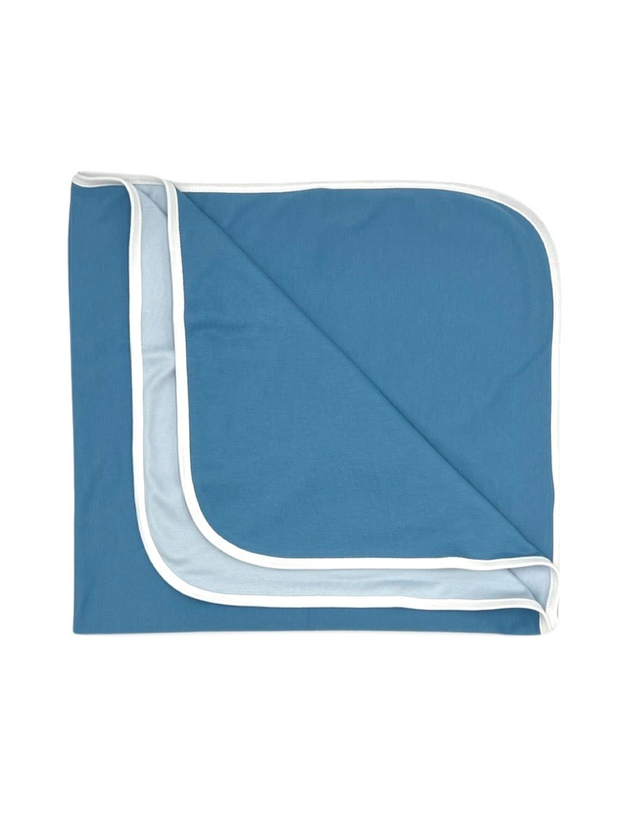 100% Pima Cotton Boys Collared Footie Set: Up, Up & Away Footie W/blue Picot Trim, Reversible Blue Blanket And Bib, Teether