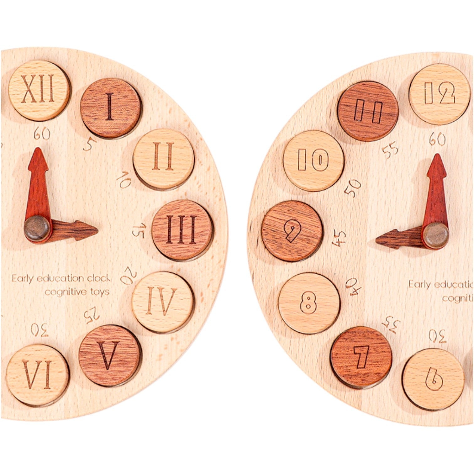 wooden Cognitive Learning Clock – Dual-sided Time Recognition Toy With Roman And Arabic Numerals