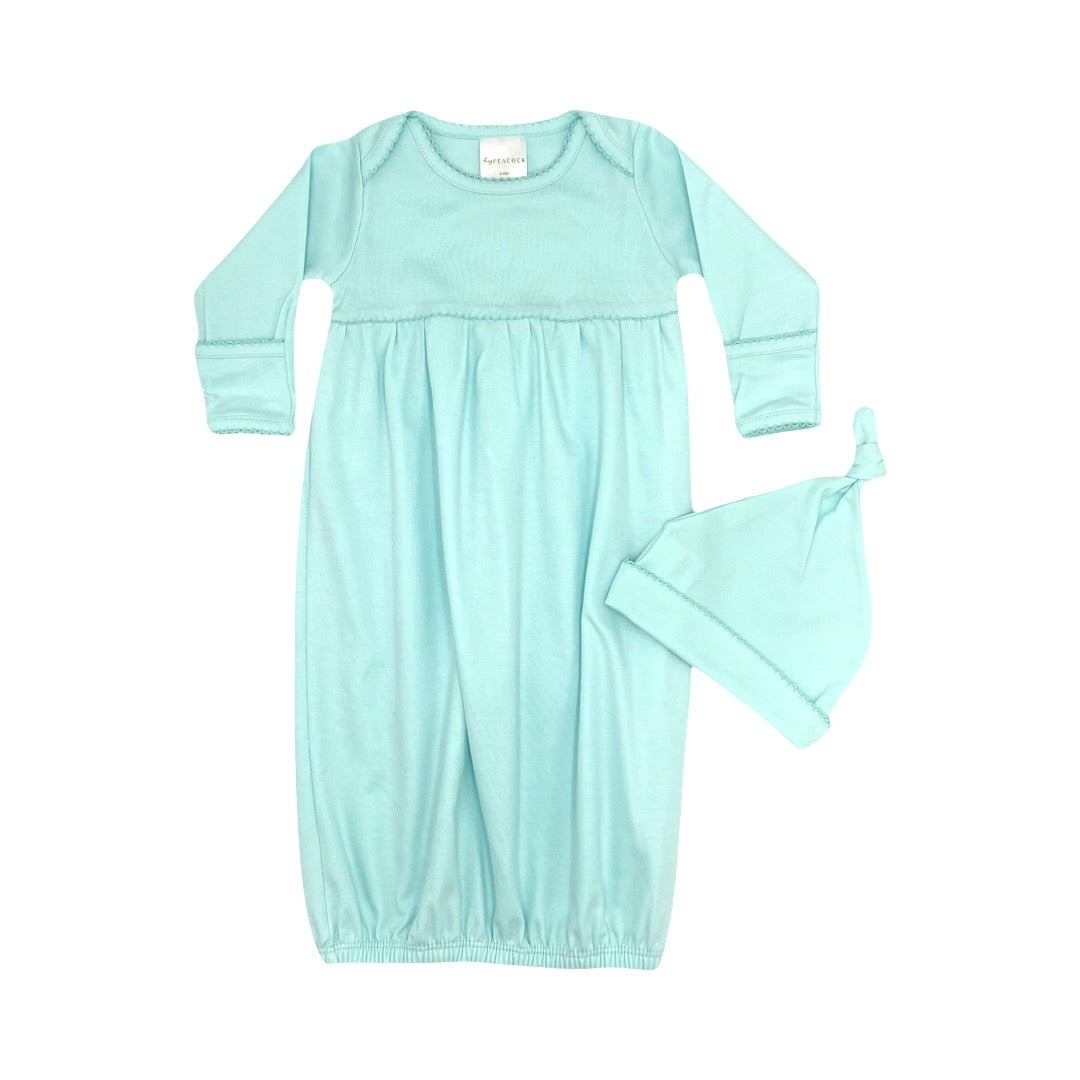 100% Pima Cotton Newborn Pleated Gown & Hat Set: Aqua (0-6 Months)