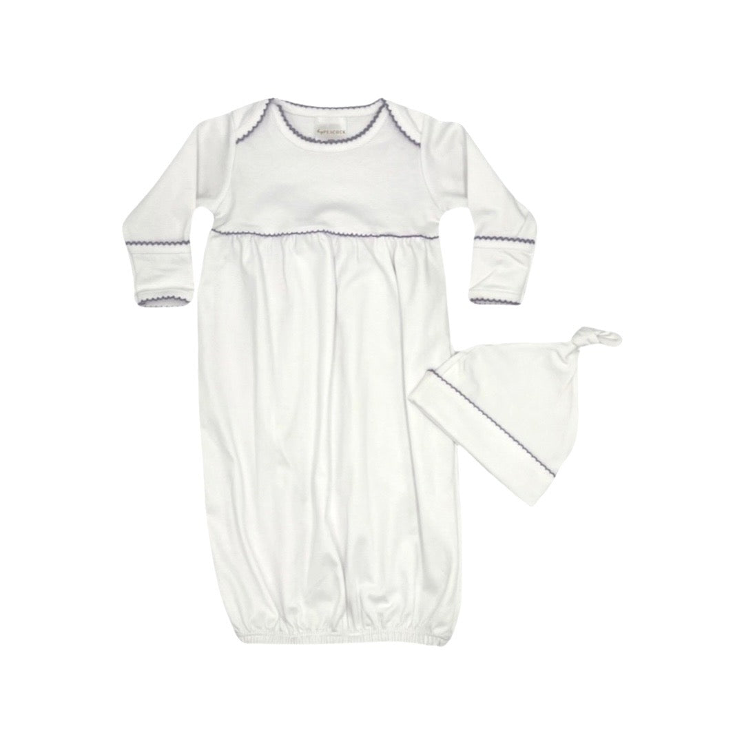 100% Pima Cotton Newborn Pleated Gown & Hat Set: White With Lavender Picot (0-6 Months)