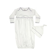 100% Pima Cotton Newborn Pleated Gown & Hat Set: White With Lavender Picot (0-6 Months)