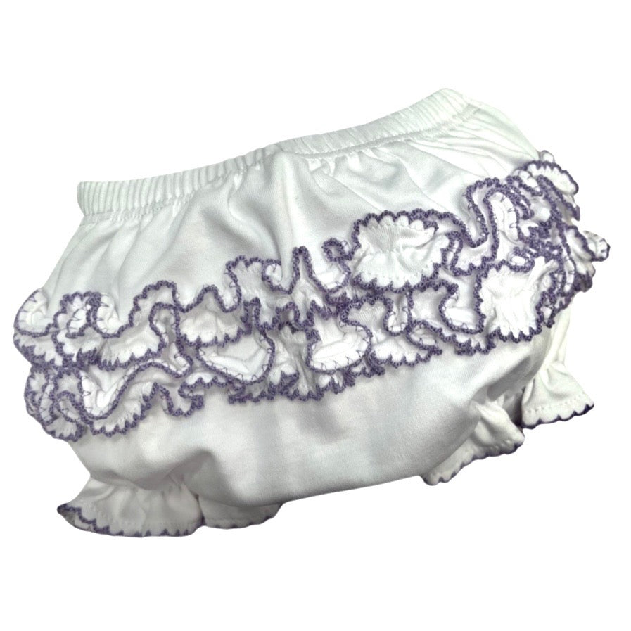 100% Pima Cotton Ruffle Dress And Bloomer Set With Lavender Picot Trim