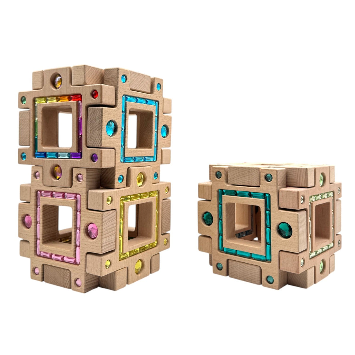 wooden Gemlight Window Blocks – 16-piece Colorful Open-ended Play Set With Storage Box