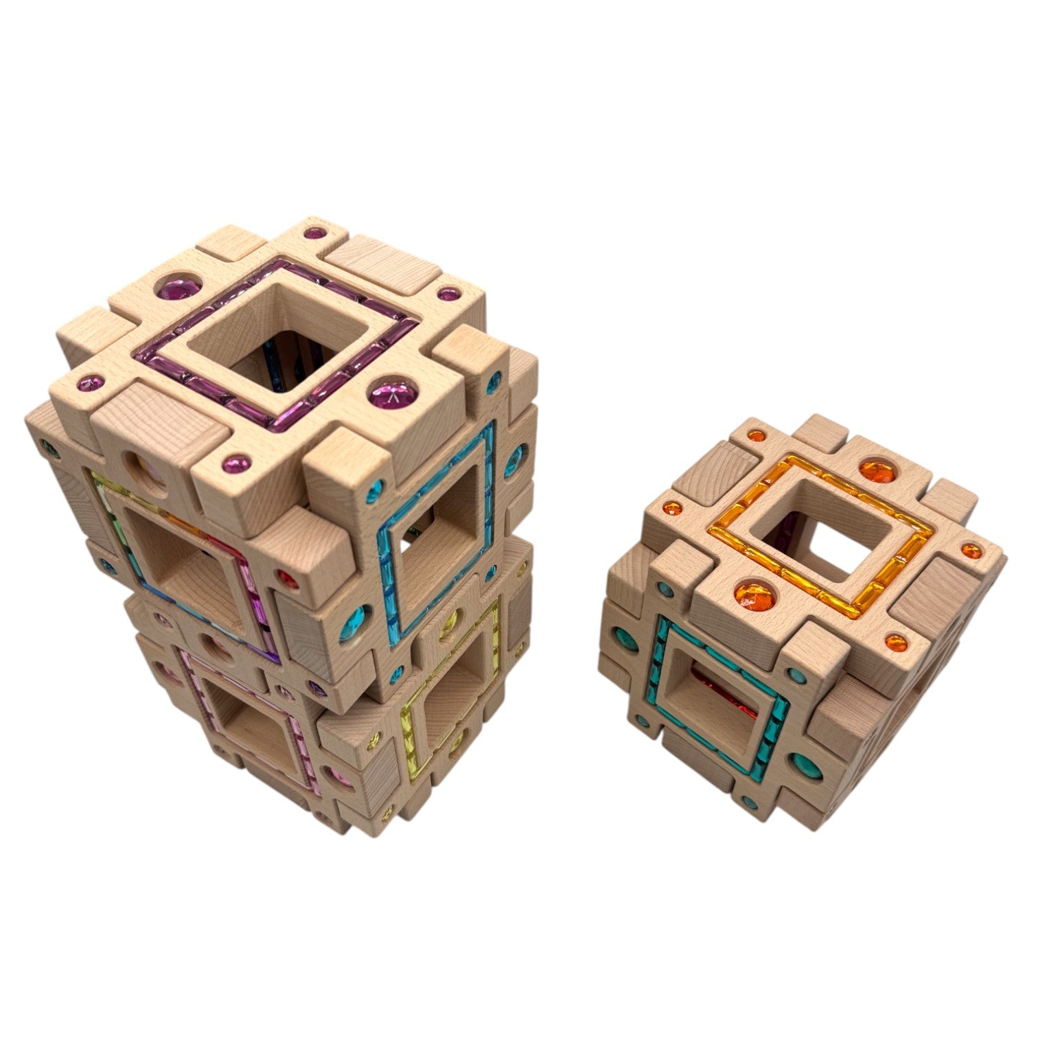 wooden Gemlight Window Blocks – 16-piece Colorful Open-ended Play Set With Storage Box