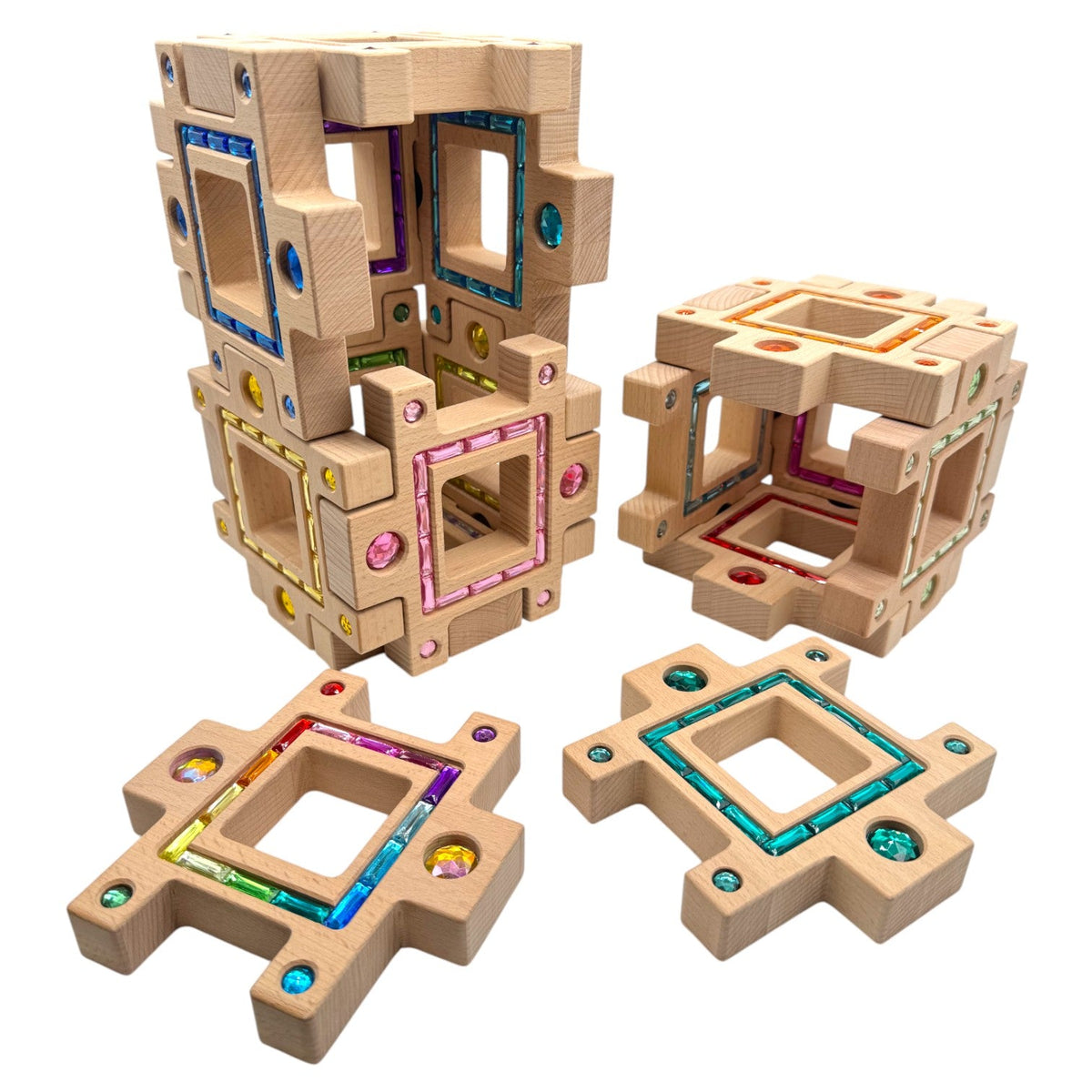 wooden Gemlight Window Blocks – 16-piece Colorful Open-ended Play Set With Storage Box