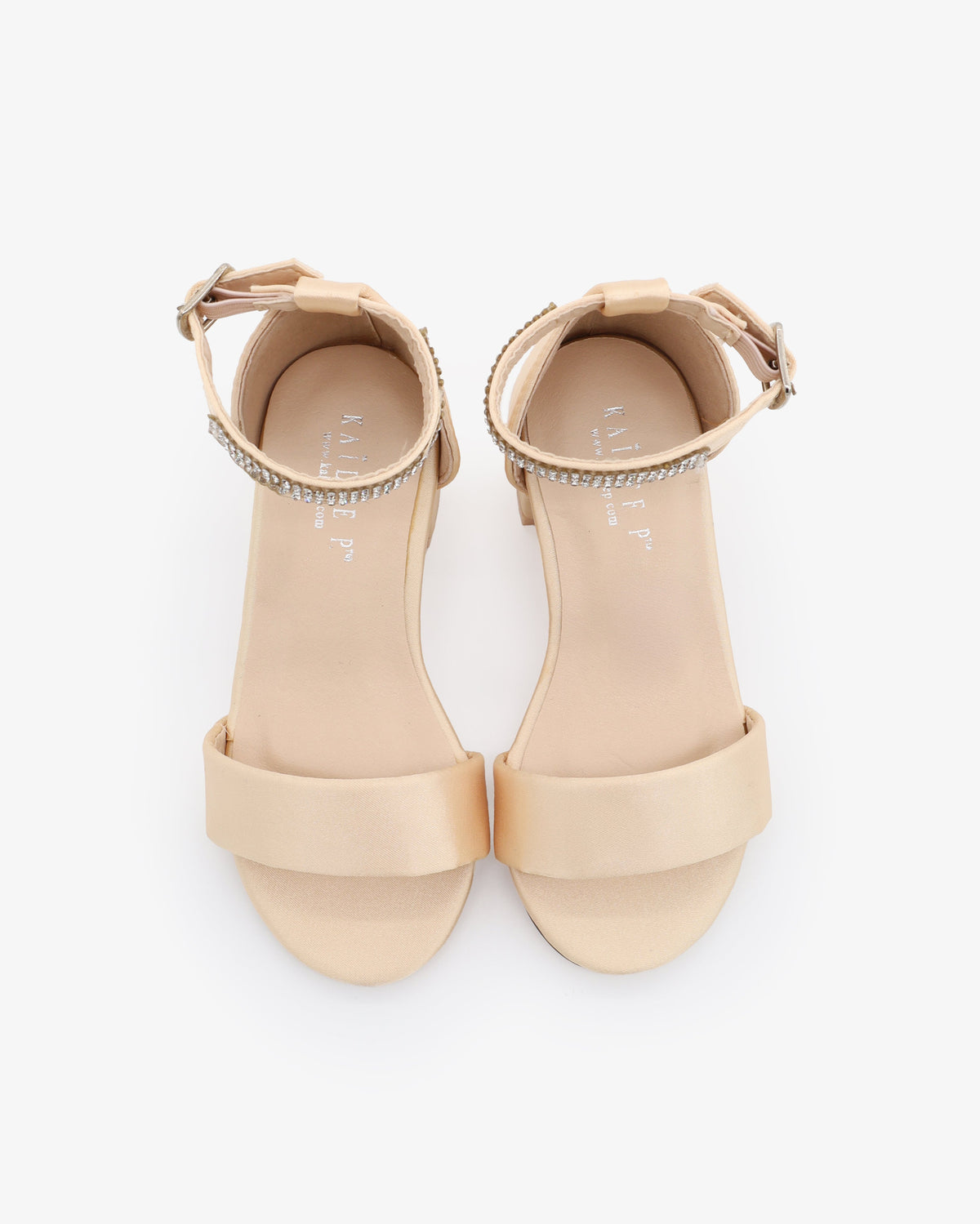 Satin Girls Block Heel Sandals With Mini Rhinestones Embellished Ankle Strap