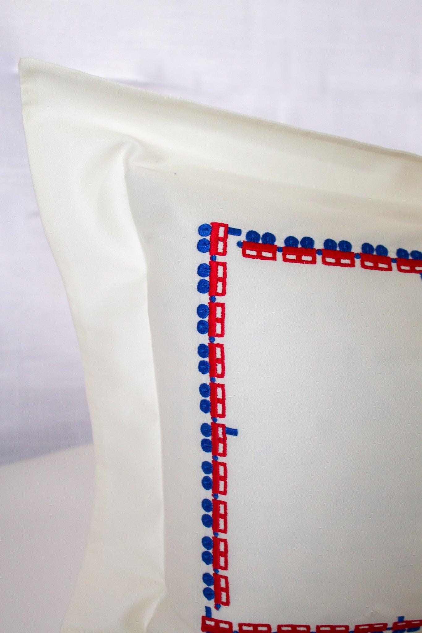 Embroidered Pillowcase - Blue & Red Trains