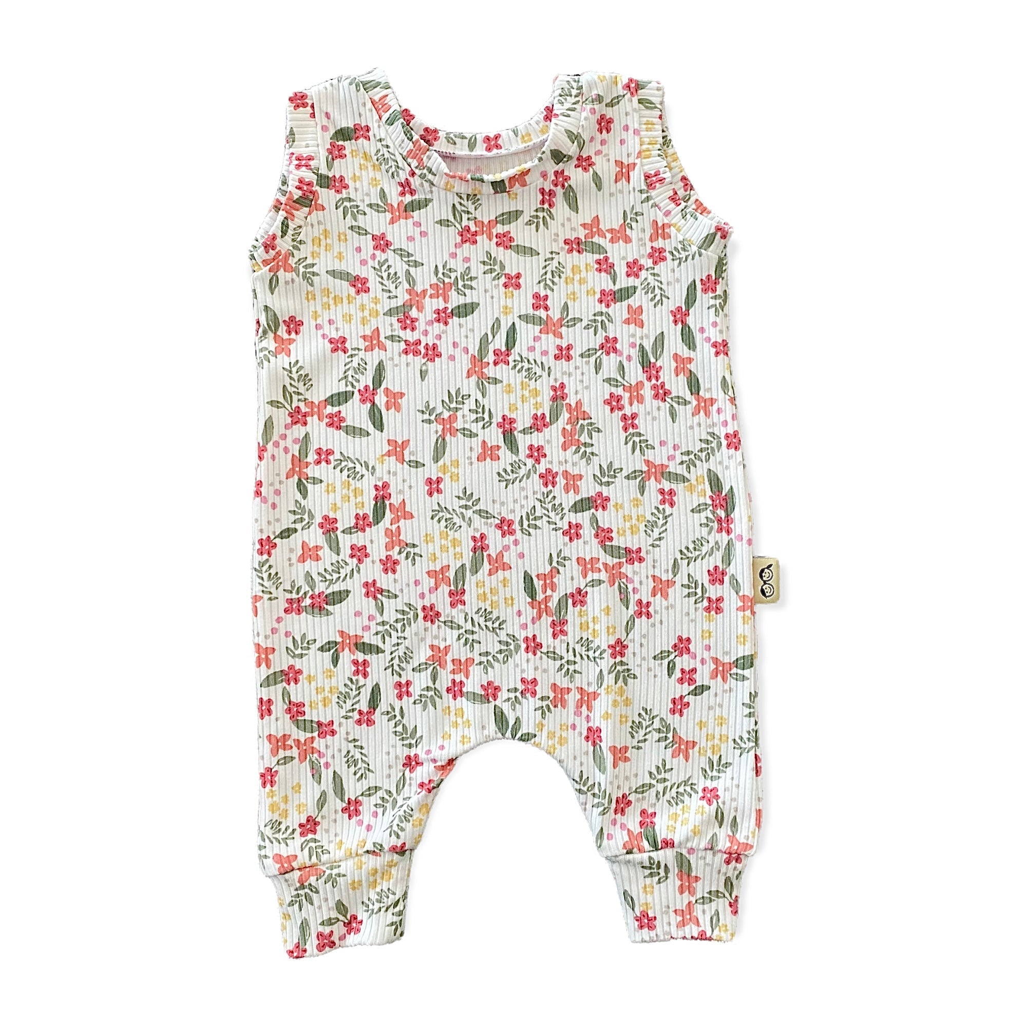 Colorful Dainty Flowers On White Ribbed Romper
