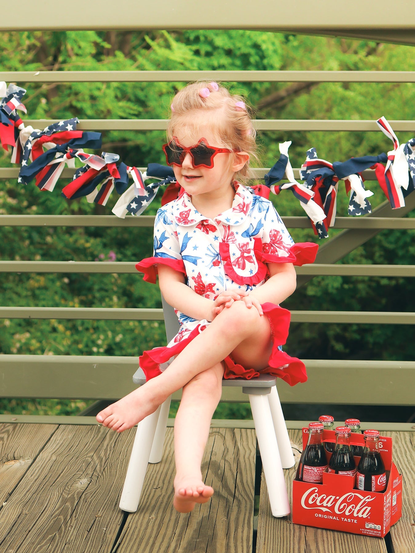 4th Of July Bow Star Girls Pajamas Set