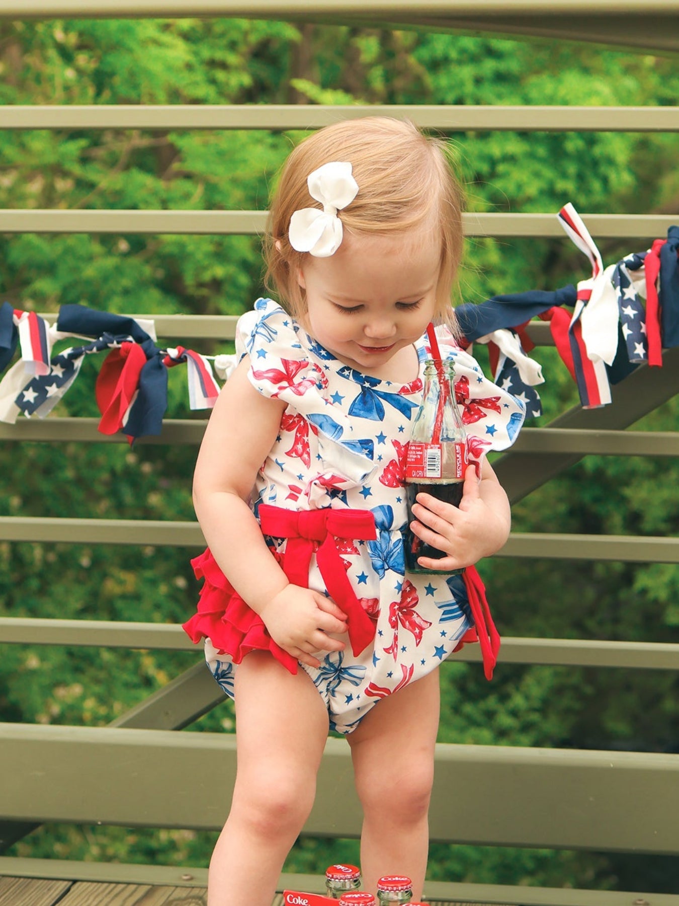 4th Of July Bow Print Girls Romper