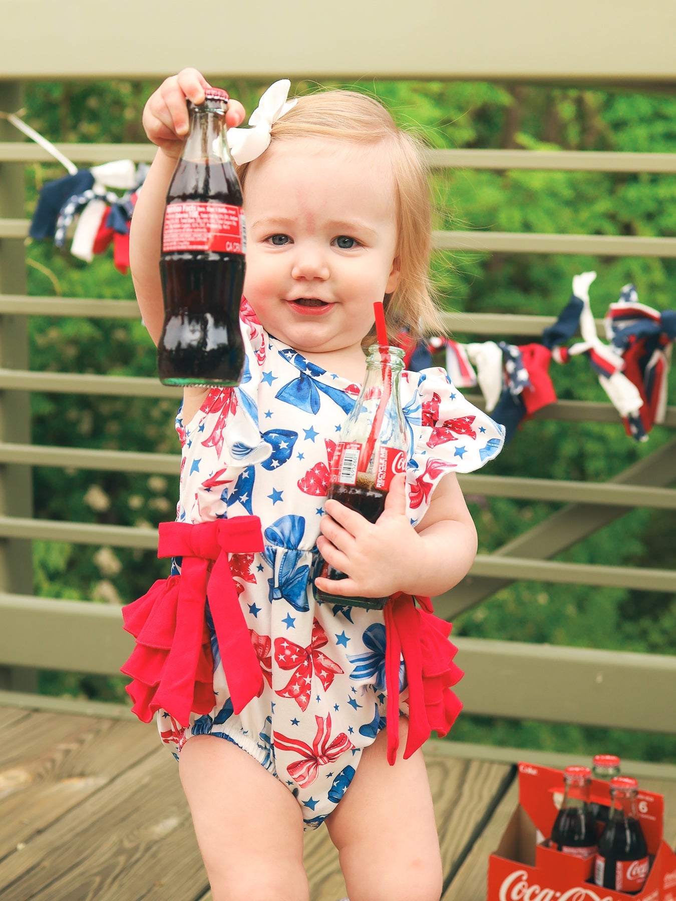 4th Of July Bow Print Girls Romper