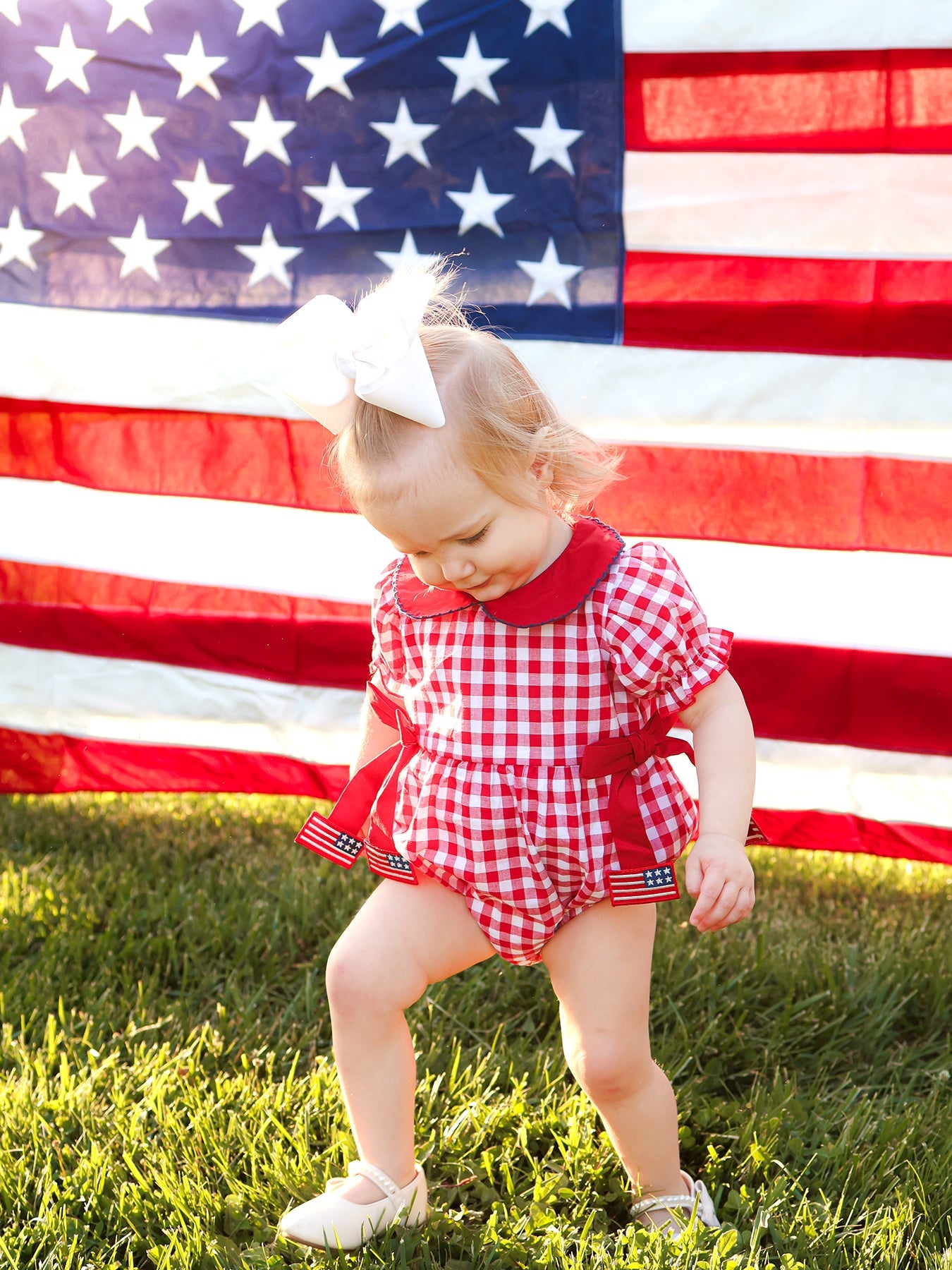 4th Of July Flag Plaid Girl Peter Pan Collar Romper Bow