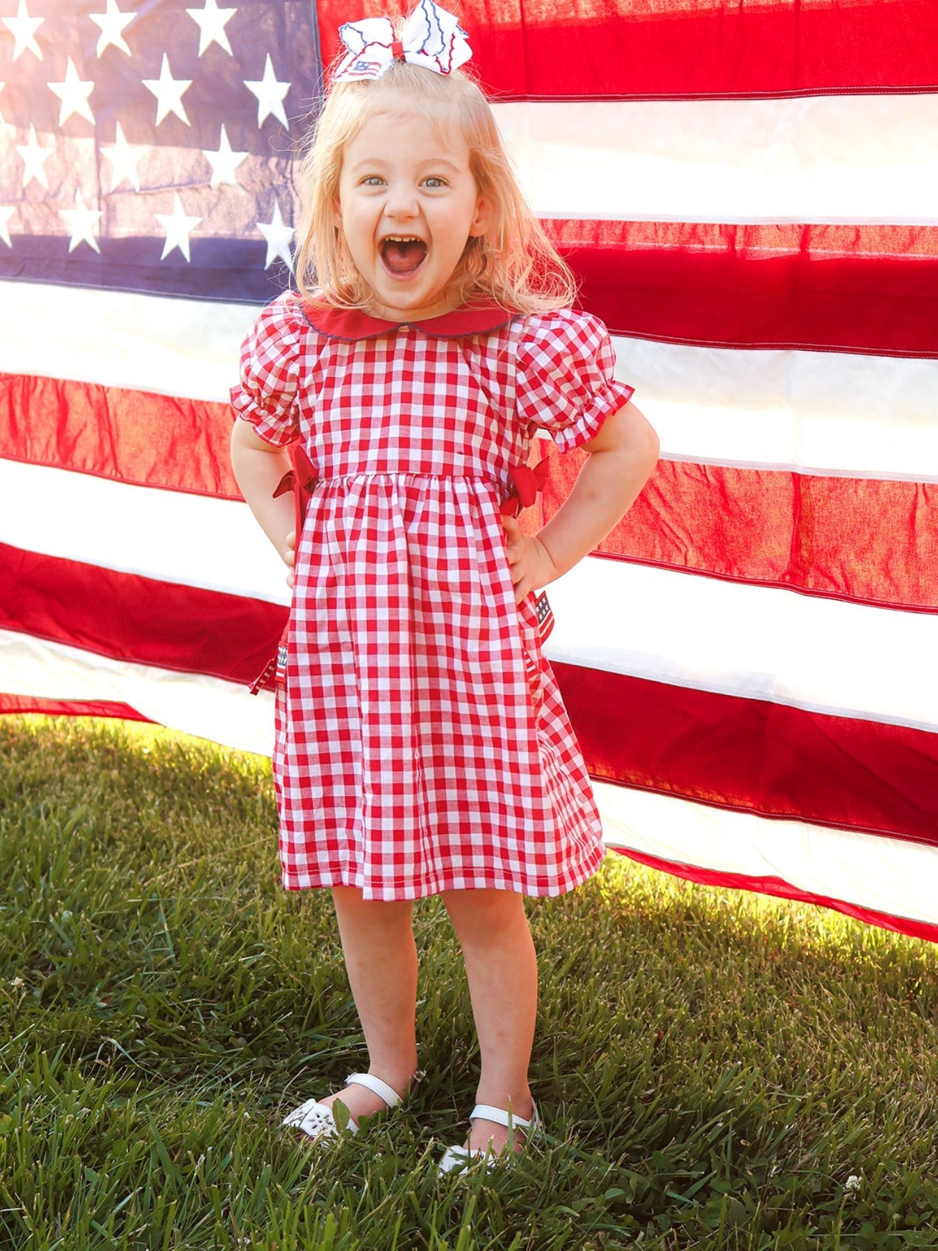 4th Of July Flag Plaid Girl Peter Pan Collar Dress Bow