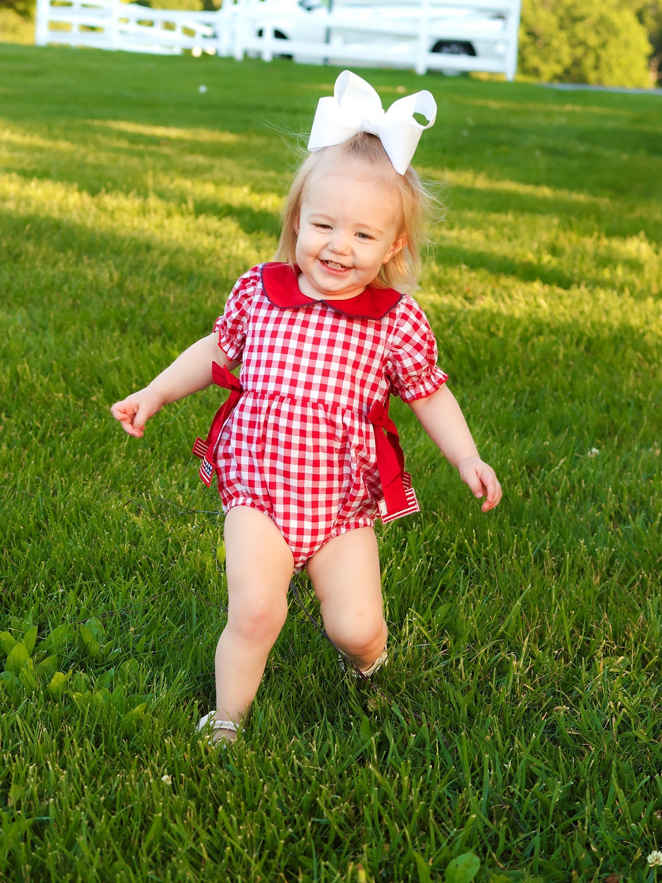 4th Of July Flag Plaid Girl Peter Pan Collar Romper Bow