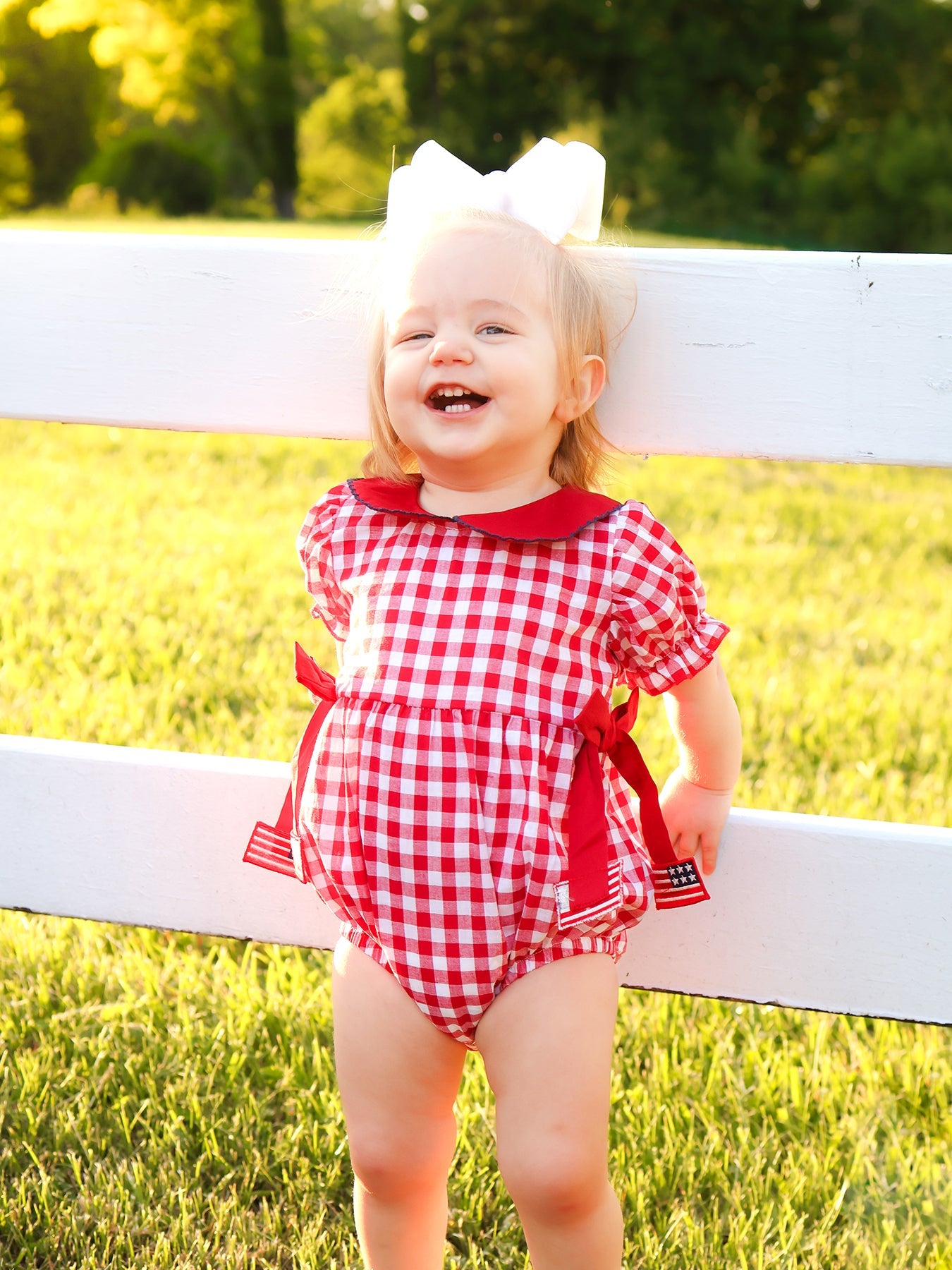 4th Of July Flag Plaid Girl Peter Pan Collar Romper Bow