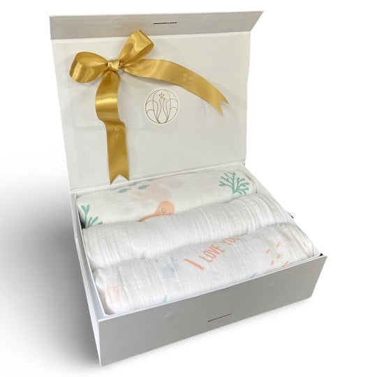 Swaddle Muslin Blankets: Under The Sea, Set Of 3, Girl Newborn Gift