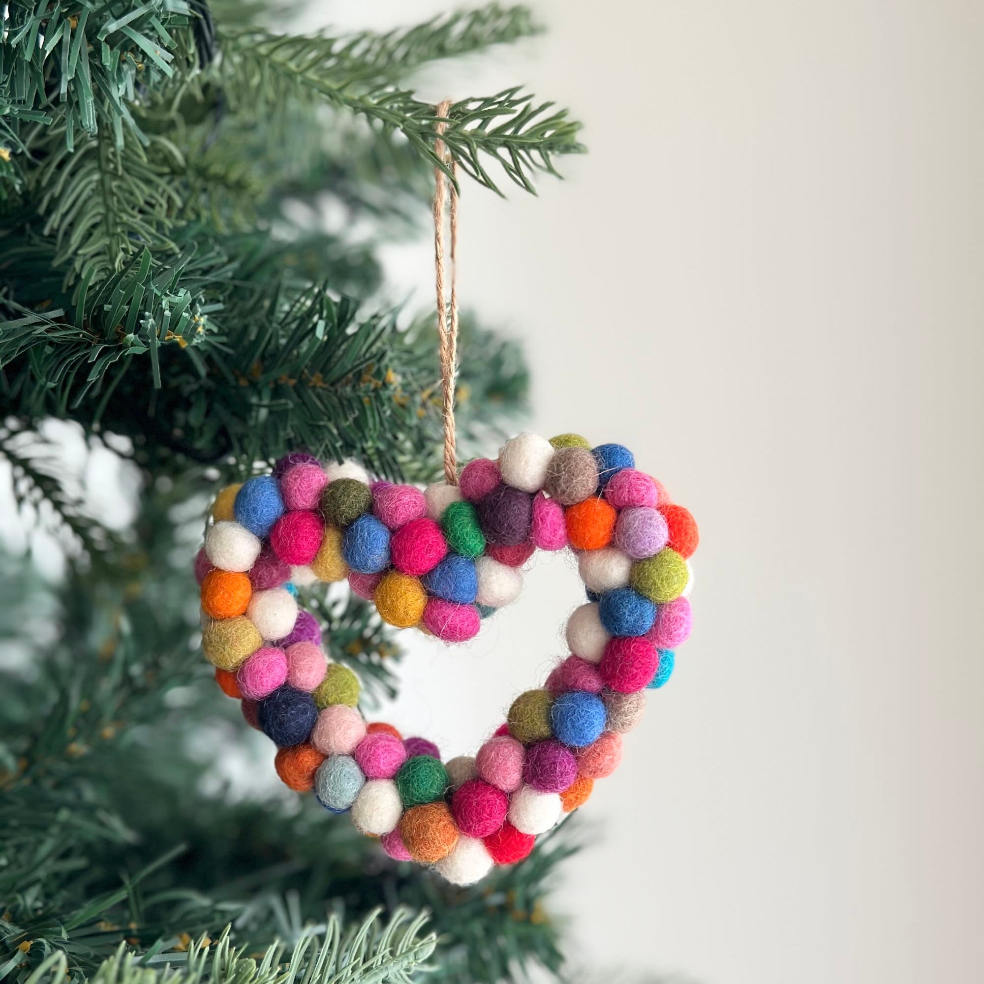 Felt Ornament - Pompom Heart Charm / Rainbow