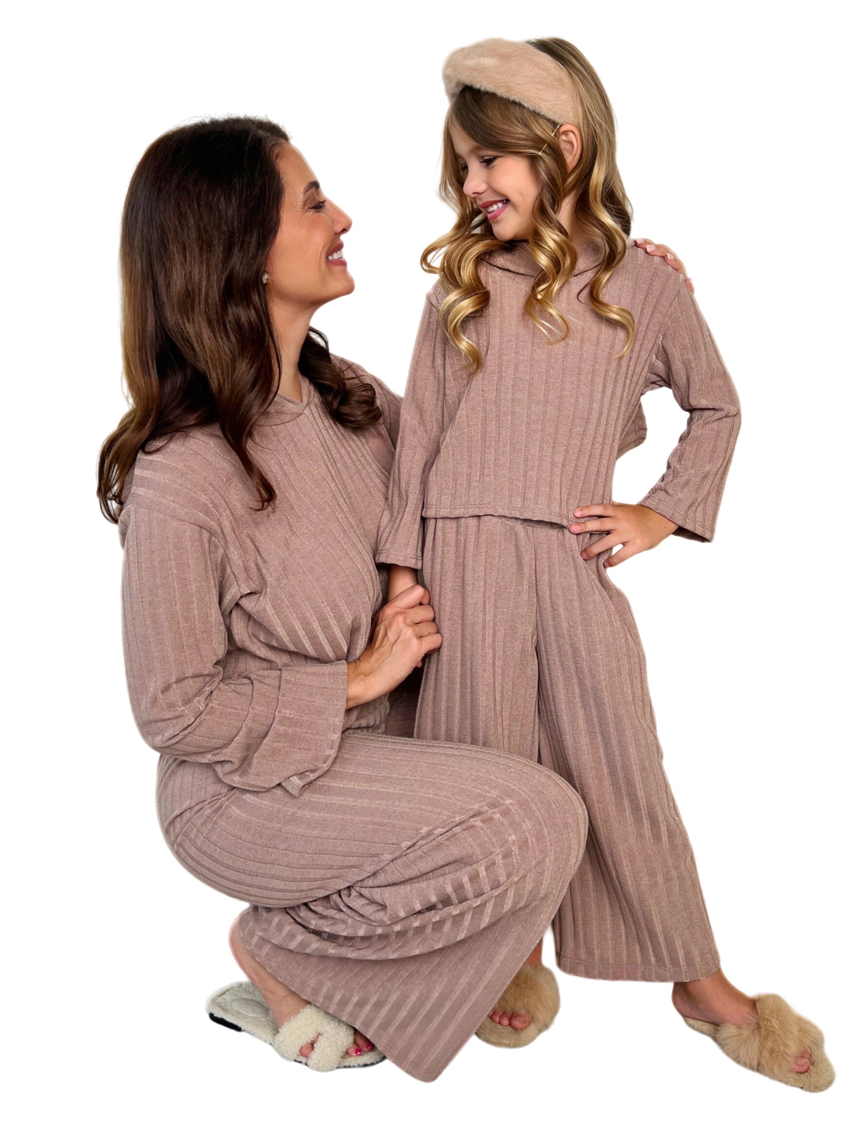 Mommy And Me Cozy Beige Ribbed Hooded Pant Set